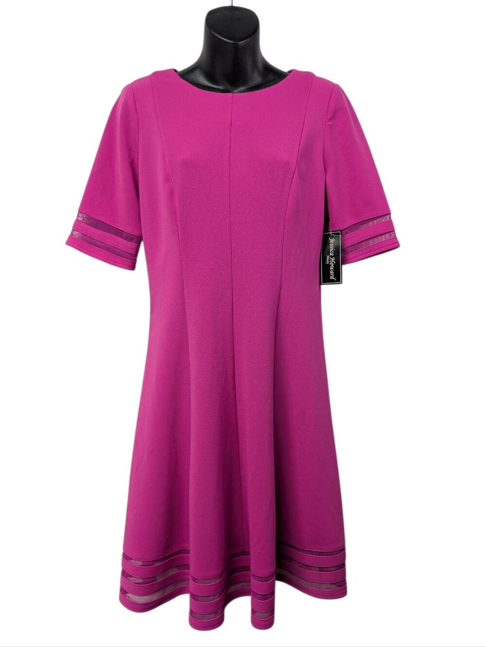 Jessica Howard Womens Pink Flare midi Dress Mesh Accent Short Sleeve Size 8 NWT